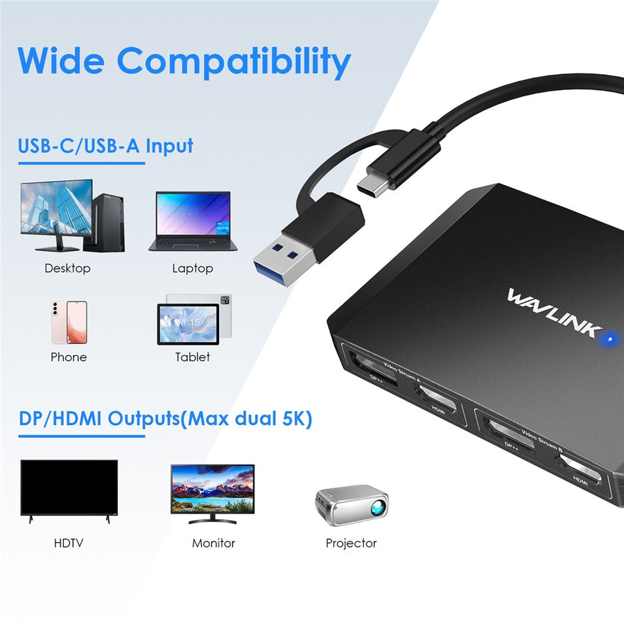 WAVLINK WL-UG69DH2 USB+Type-C to Dual 4K HD DisplayPort Dual Monitor Adapter Splitter