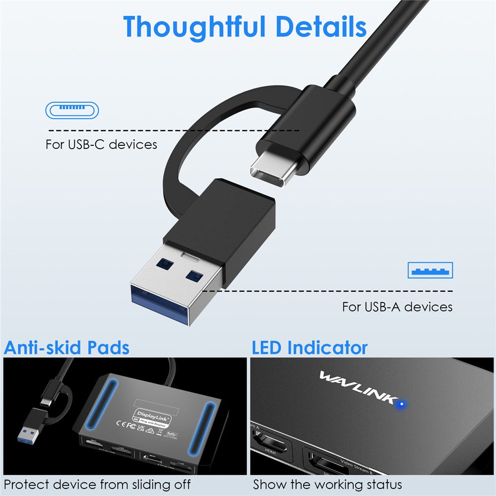 WAVLINK WL-UG69DH2 USB+Type-C to Dual 4K HD DisplayPort Dual Monitor Adapter Splitter