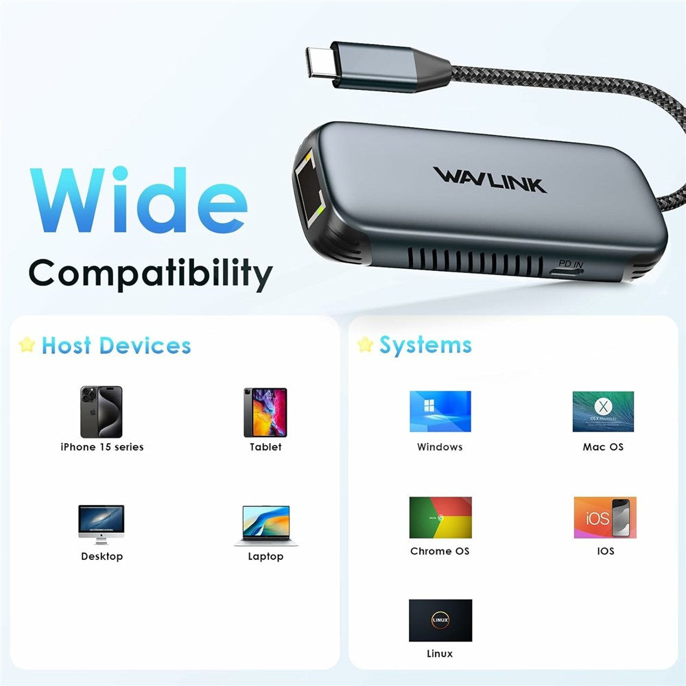 WAVLINK NWU330GD USB-C to RJ45 Ethernet Adapter 2.5Gbps Network Aluminum Converter Support 95W PD Output