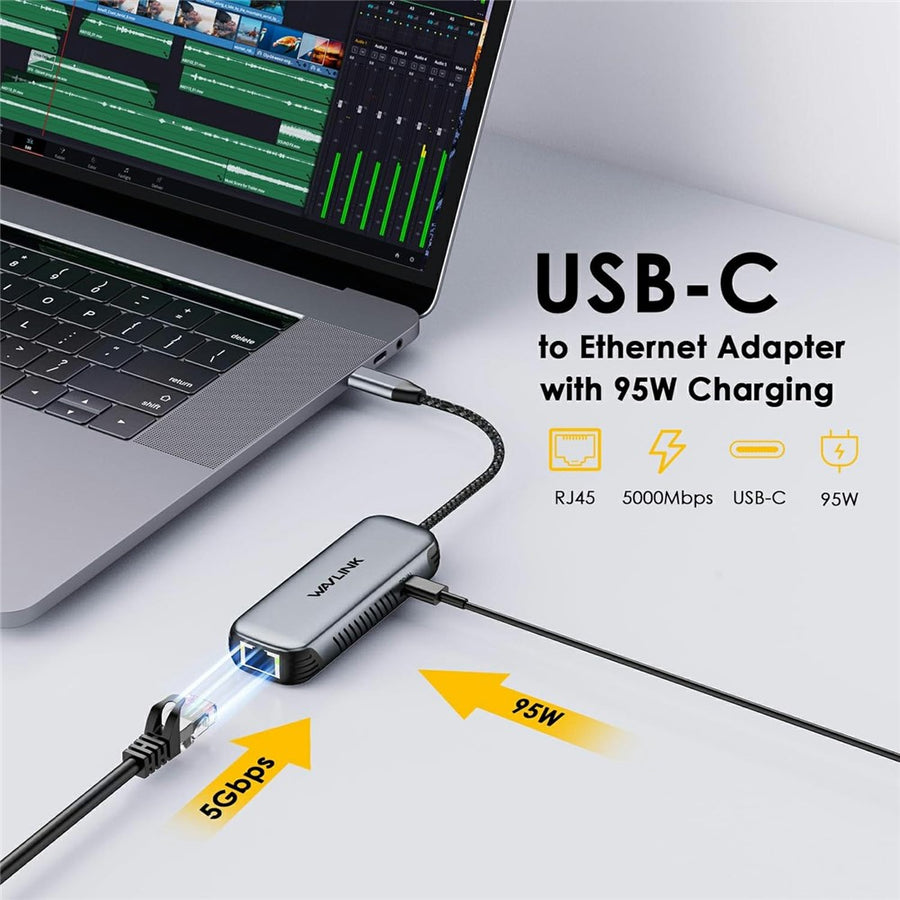 WAVLINK NWU340GD 5Gbps USB-C to RJ45 Ethernet Adapter Aluminum Converter with 95W Charging Port