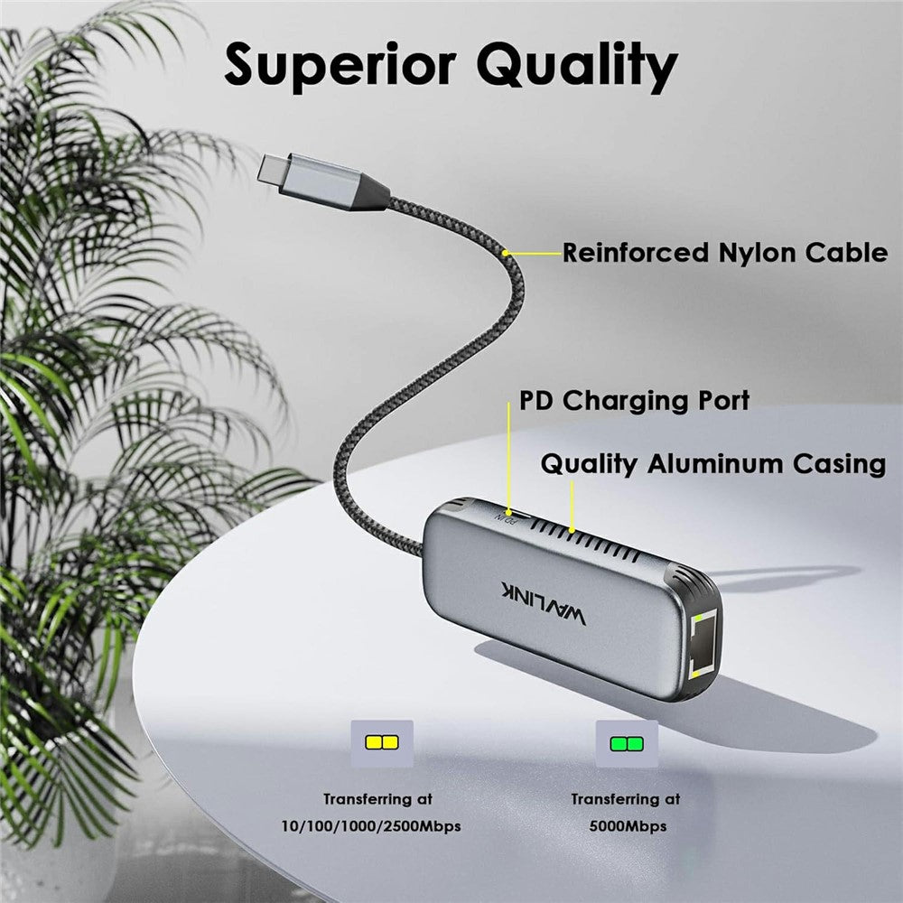 WAVLINK NWU340GD 5Gbps USB-C to RJ45 Ethernet Adapter Aluminum Converter with 95W Charging Port