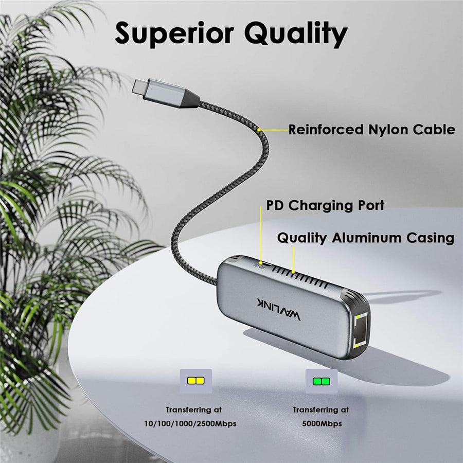 WAVLINK NWU340GD 5Gbps USB-C to RJ45 Ethernet Adapter Aluminum Converter with 95W Charging Port