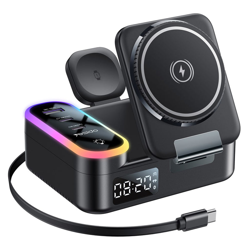 YESIDO DS38 65W Magnetic Wireless Charging Station for Phone / Watch / Earbuds Digital Clock with Retractable Type C Cable