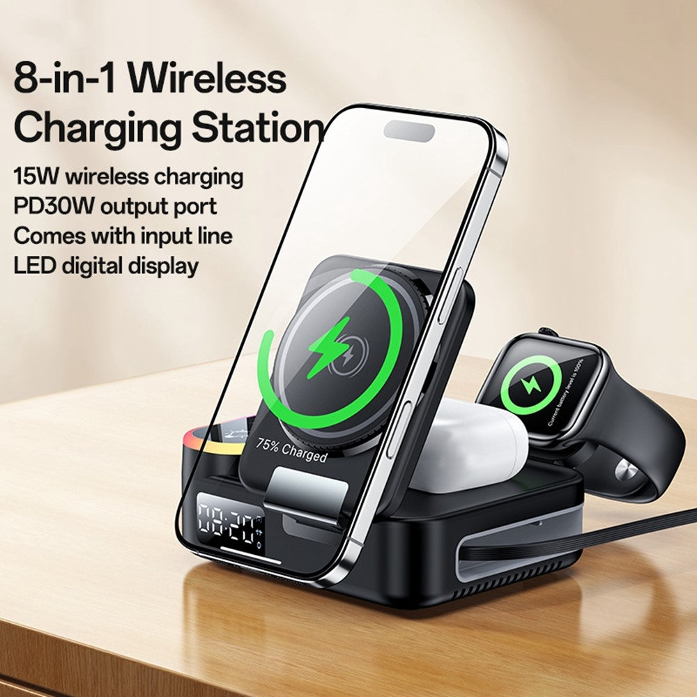 YESIDO DS38 65W Magnetic Wireless Charging Station for Phone / Watch / Earbuds Digital Clock with Retractable Type C Cable