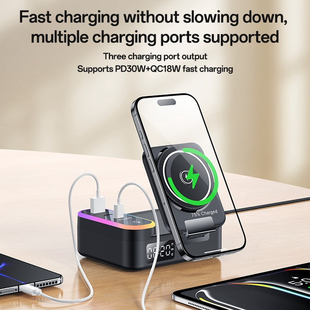 YESIDO DS38 65W Magnetic Wireless Charging Station for Phone / Watch / Earbuds Digital Clock with Retractable Type C Cable