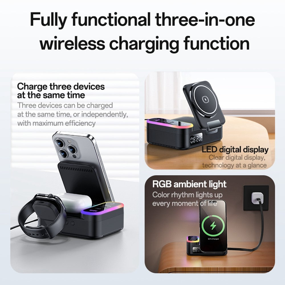 YESIDO DS38 65W Magnetic Wireless Charging Station for Phone / Watch / Earbuds Digital Clock with Retractable Type C Cable