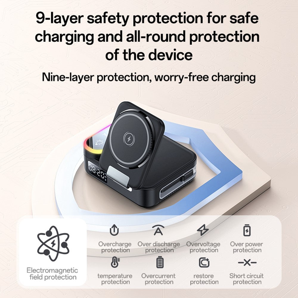 YESIDO DS38 65W Magnetic Wireless Charging Station for Phone / Watch / Earbuds Digital Clock with Retractable Type C Cable