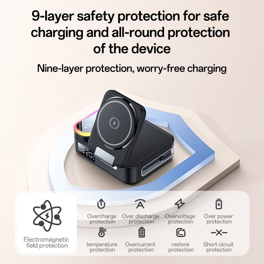 YESIDO DS38 65W Magnetic Wireless Charging Station for Phone / Watch / Earbuds Digital Clock with Retractable Type C Cable