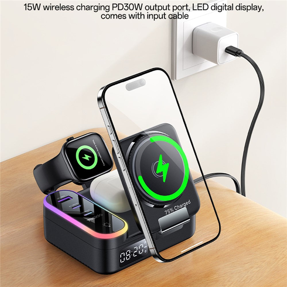 YESIDO DS38 65W Magnetic Wireless Charging Station for Phone / Watch / Earbuds Digital Clock with Retractable Type C Cable