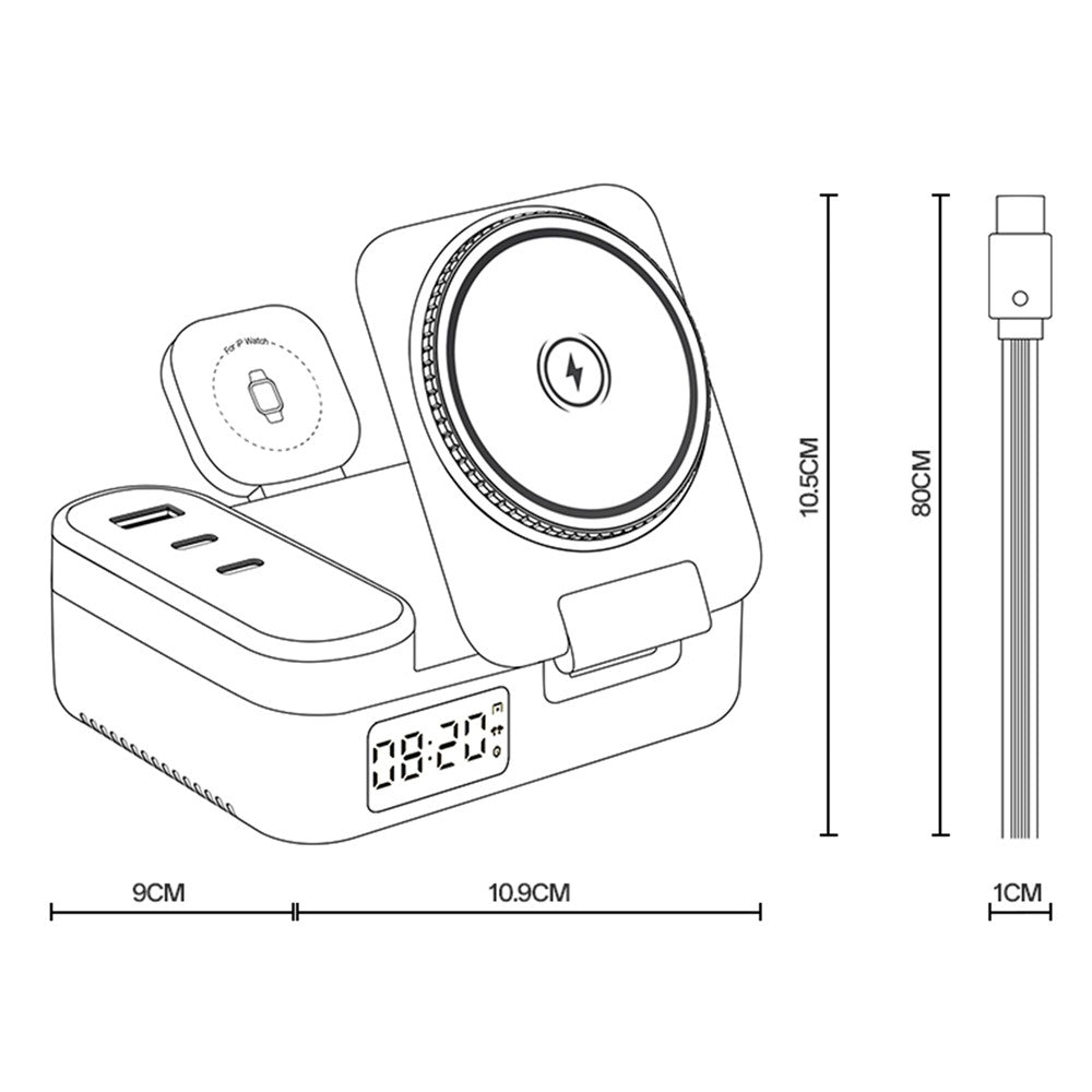 YESIDO DS38 65W Magnetic Wireless Charging Station for Phone / Watch / Earbuds Digital Clock with Retractable Type C Cable