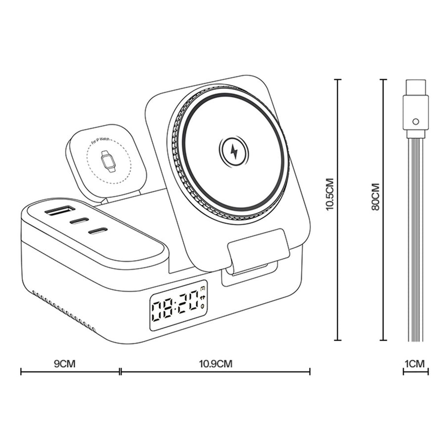 YESIDO DS38 65W Magnetic Wireless Charging Station for Phone / Watch / Earbuds Digital Clock with Retractable Type C Cable