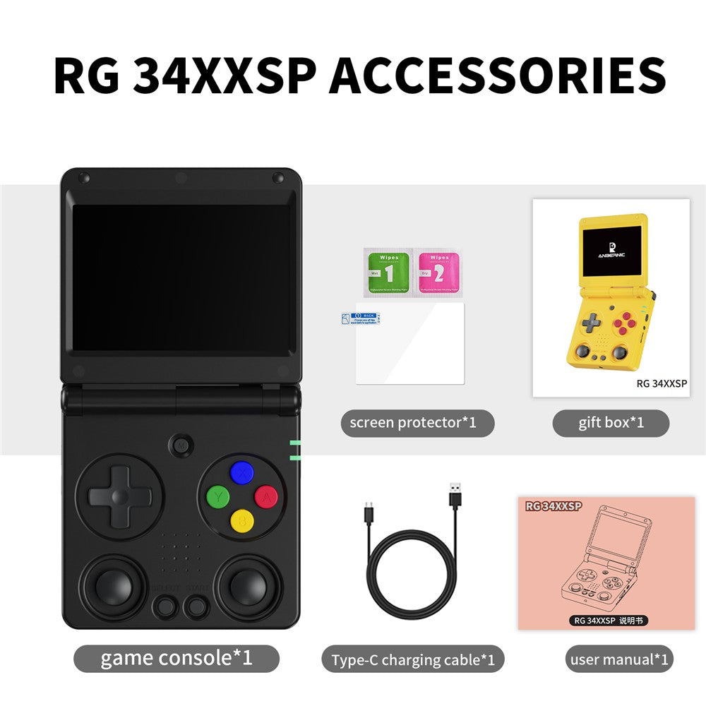 Anbernic RG34XXSP 3.4 Inch IPS Screen Retro Handheld Game Console 64GB Foldable Wireless Gamepad, with 128G TF Card