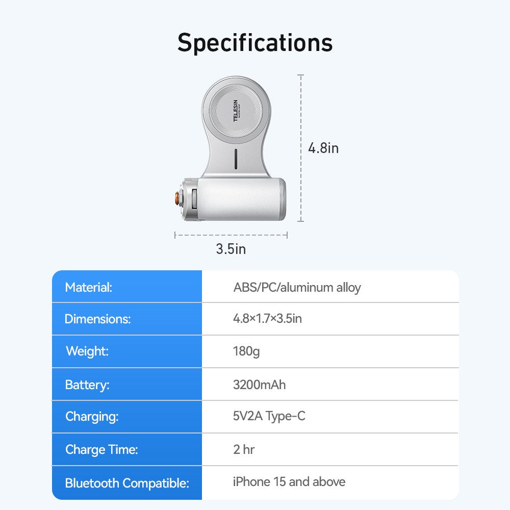 TELESIN P5-MP-003WH Pro Shot Imaging Grip for iPhone Photography Handle Power Bank Wireless Charging Camera Controller