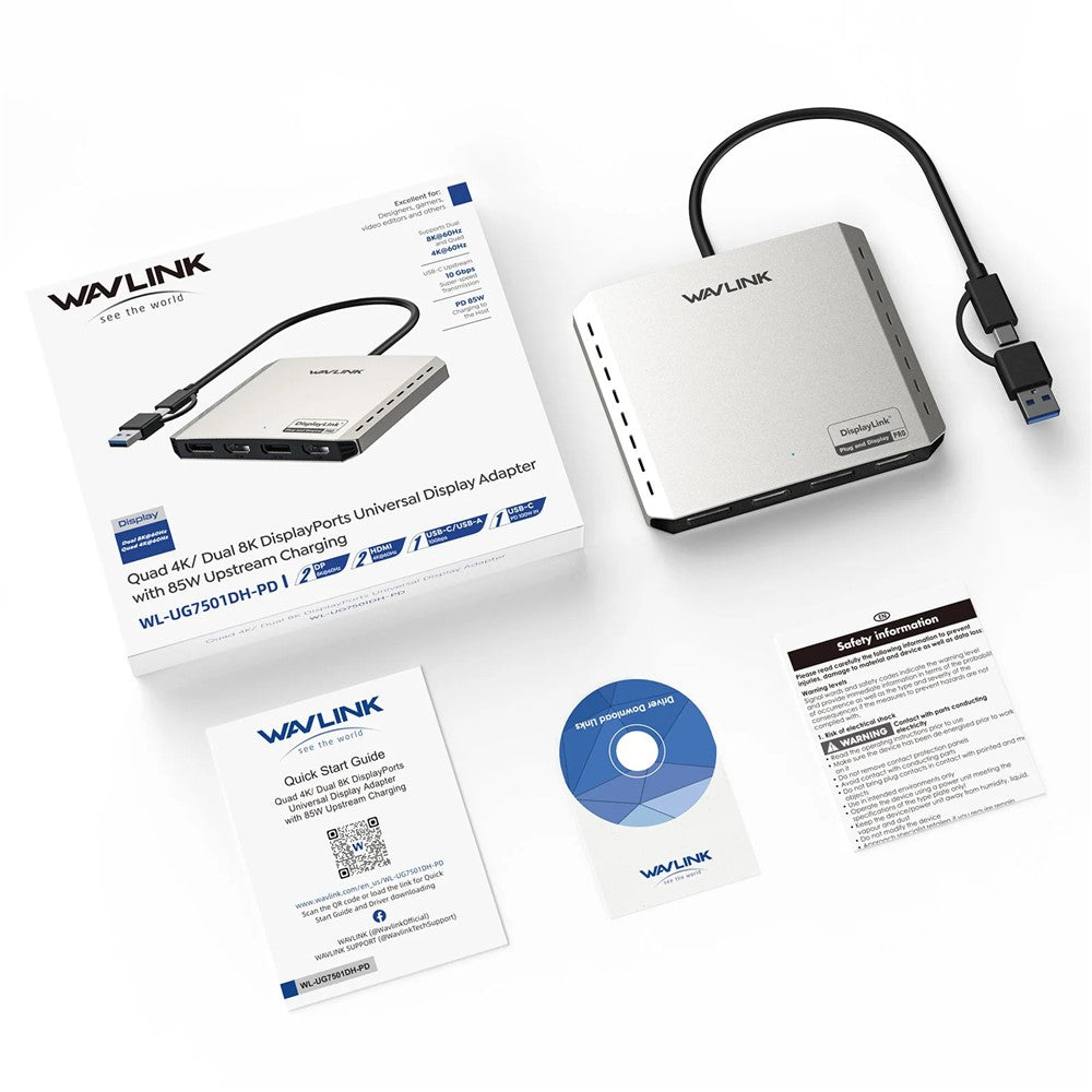 WAVLINK WL-UG7501D-PD 4 DP Converter 4K / 8K Display Adapter with 85W Upstream Charging for Intel  /  M1  /  M2  /  M3  /  M4 Mac and Windows
