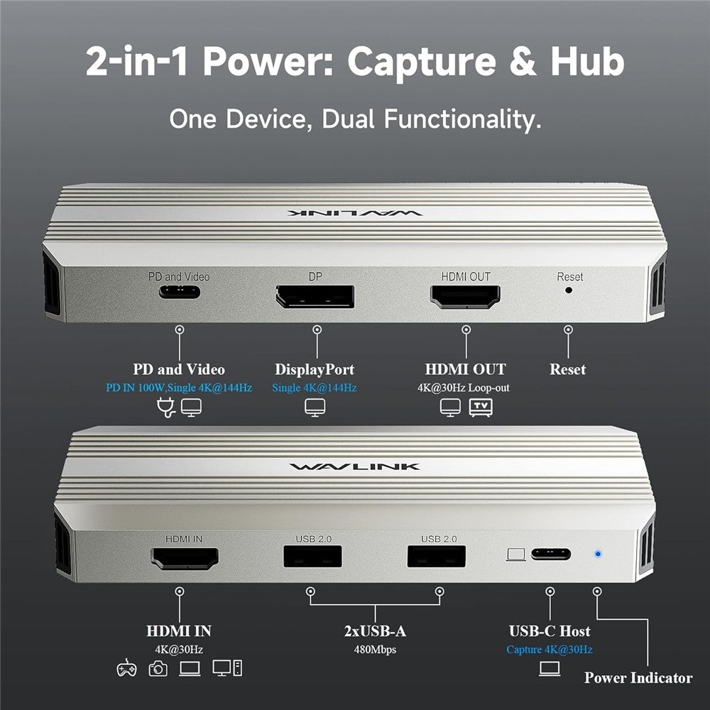 WAVLINK WL-VR204 4K HD Video Capture Card 100W PD Video Hub Streaming Recorder Adapter for Gaming Live