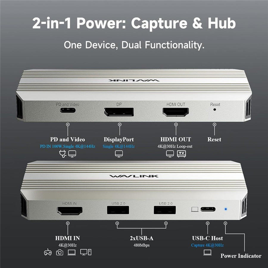 WAVLINK WL-VR204 4K HD Video Capture Card 100W PD Video Hub Streaming Recorder Adapter for Gaming Live
